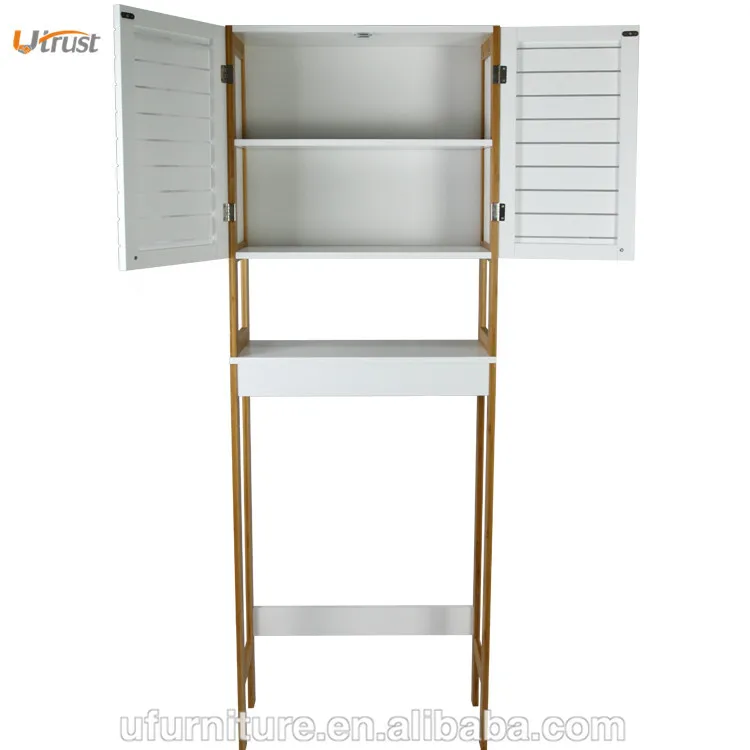 2023 hottest bathroom furniture bamboo made bathroom over toilet storage rack with drain