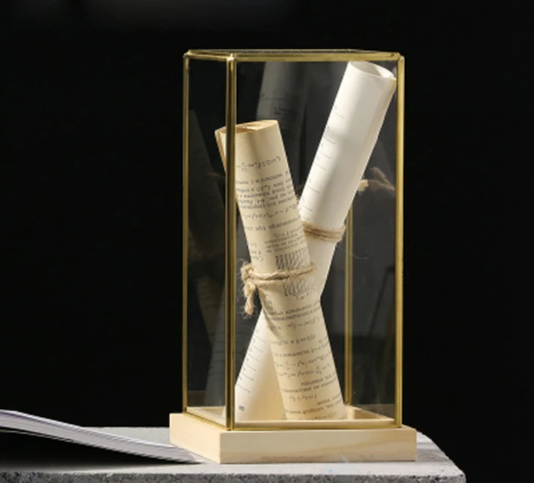 Hot selling Acrylic Desktop Decorative Square Gold Geometric Terrarium With Wooden Base