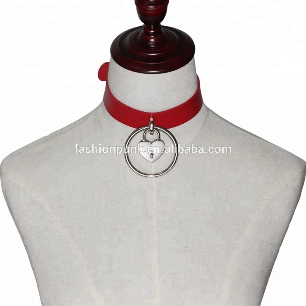 Sexy Fashion Harajuku Handmade Leather Choker belt Rock Punk Goth Collar belt O-Round Heart Lock Stud Necklace