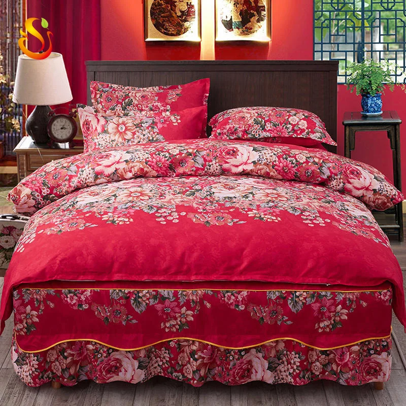 
China supplier polyester cotton red roses pattern sheet four pieces cotton bedding sets bed skirt style 