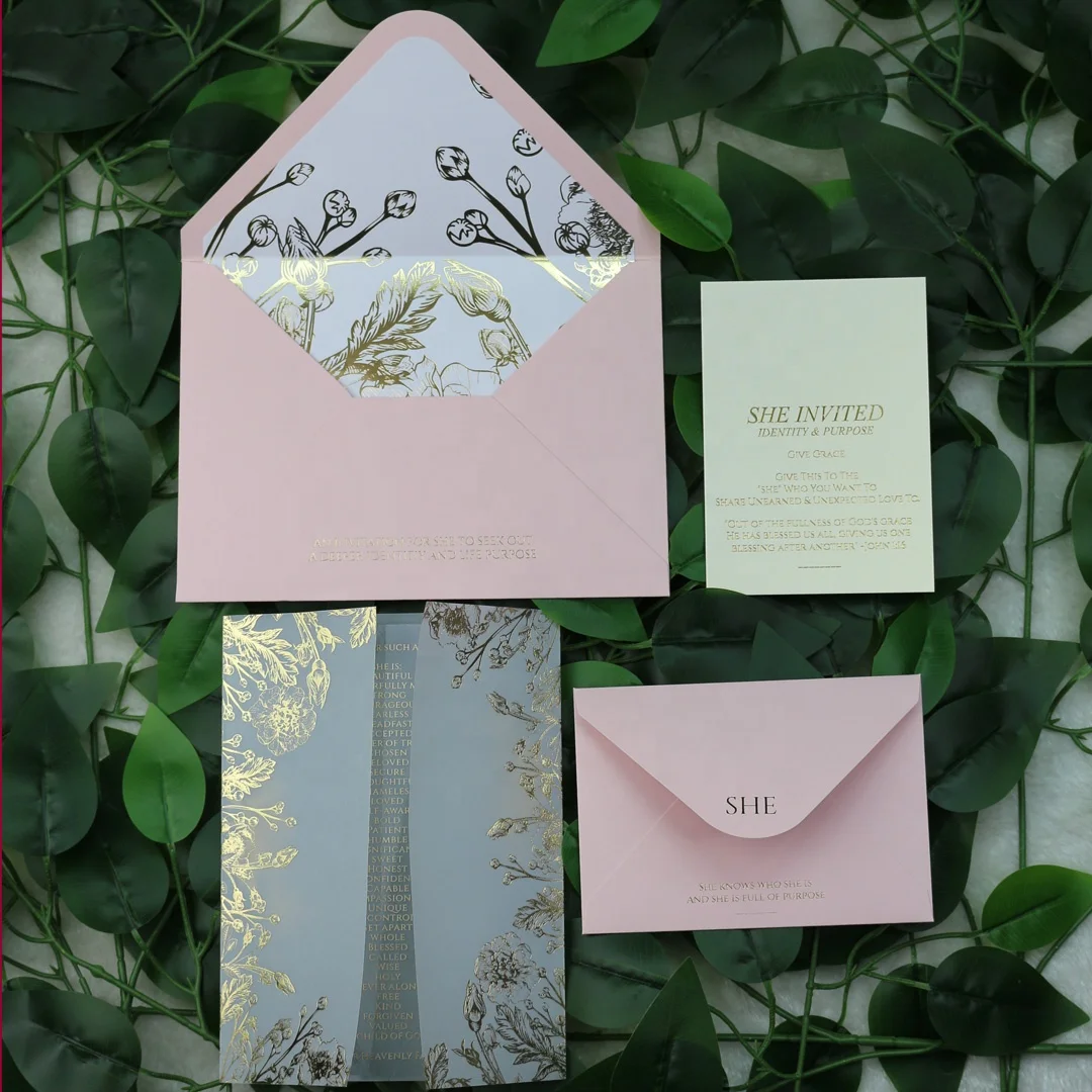Personalized  Vellum Gold Floral Wedding Invitations with Acrylic Invitation Card