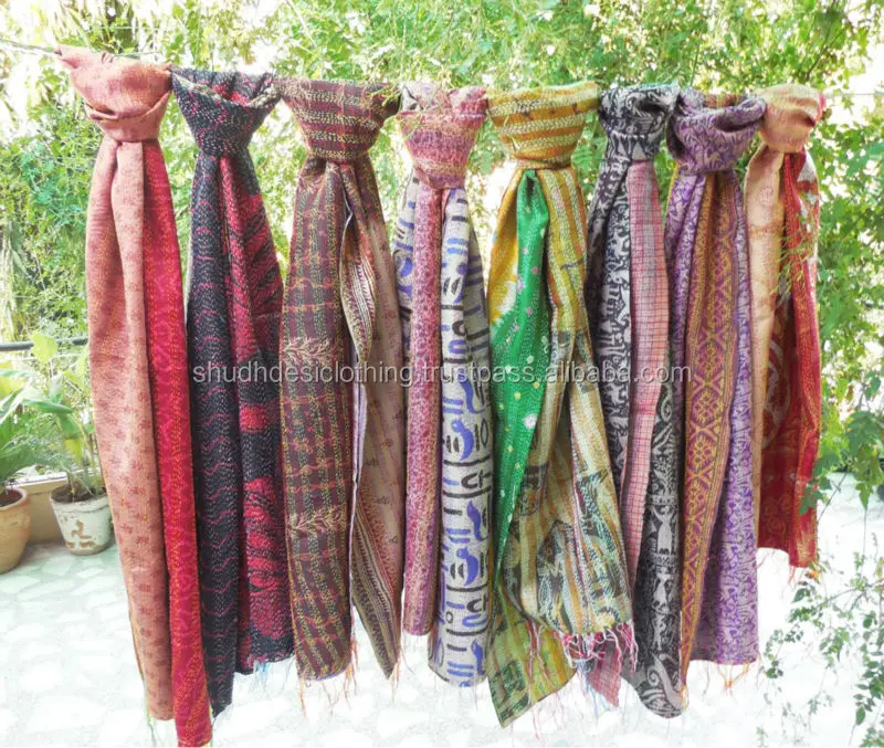 Indian Hand Quilted Neck Wrap Kantha Scarf Silk Stole Dupatta Scarves Vintage Antique Long Reversible Scarf