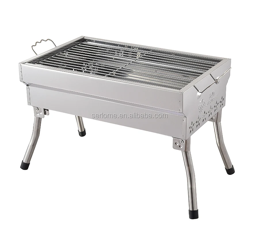 Square Classic Foldable Picnic Travel Garden Party Silver White Stainless Steel Rotisserie Large Charcoal Kebab BBQ Grill