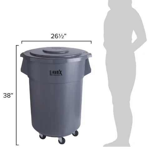 35/45/50  Gallon Gray Round Commercial Trash Can with Lid and Dolly