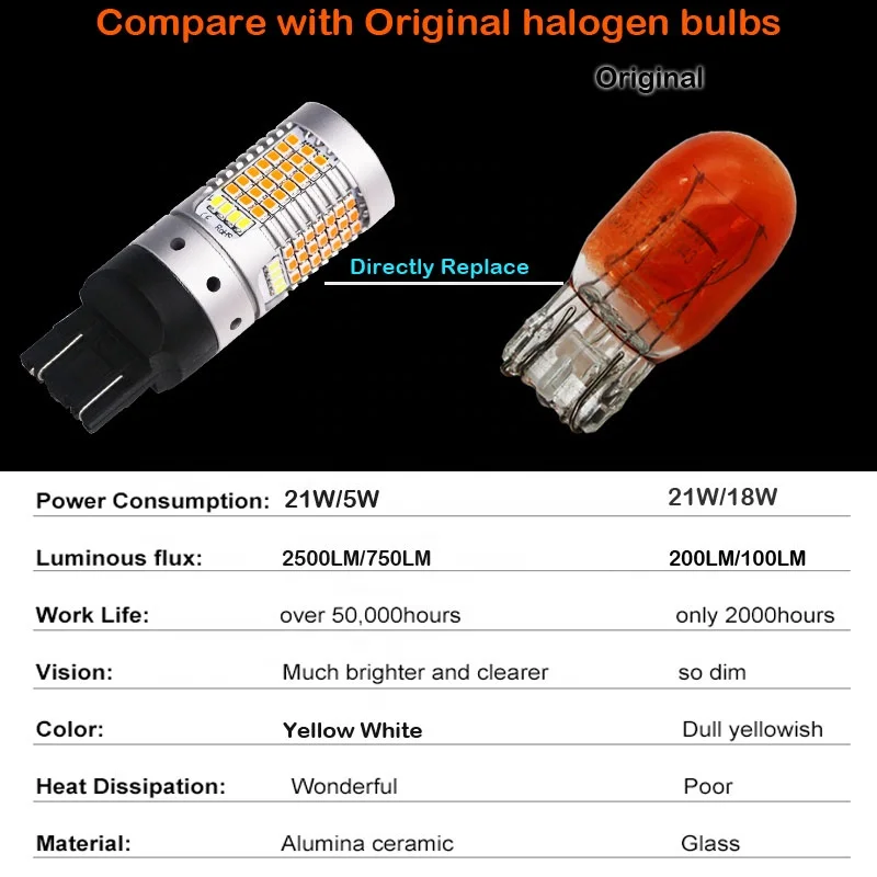 
No Hyper Flash Wholesale 7443 W21/5W T20 LED switchback white/amber LED dual color DRL turn signal light 