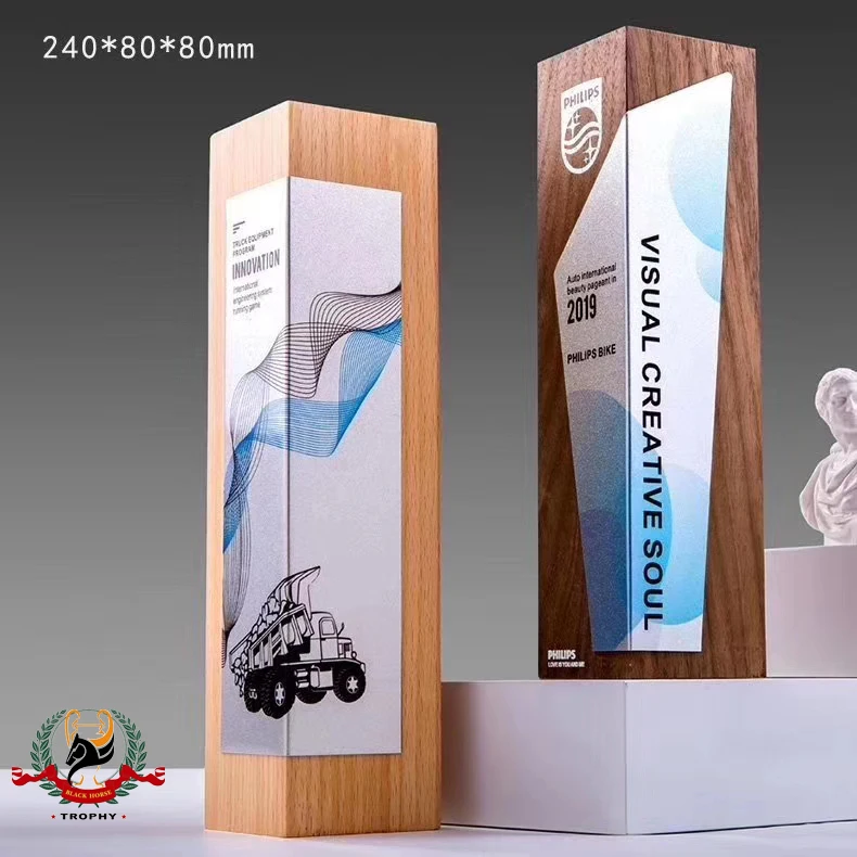 Hot Sell Wood Block Metal Plate Decor Trophy Wooden Trophy Craft Souvenir Plaque