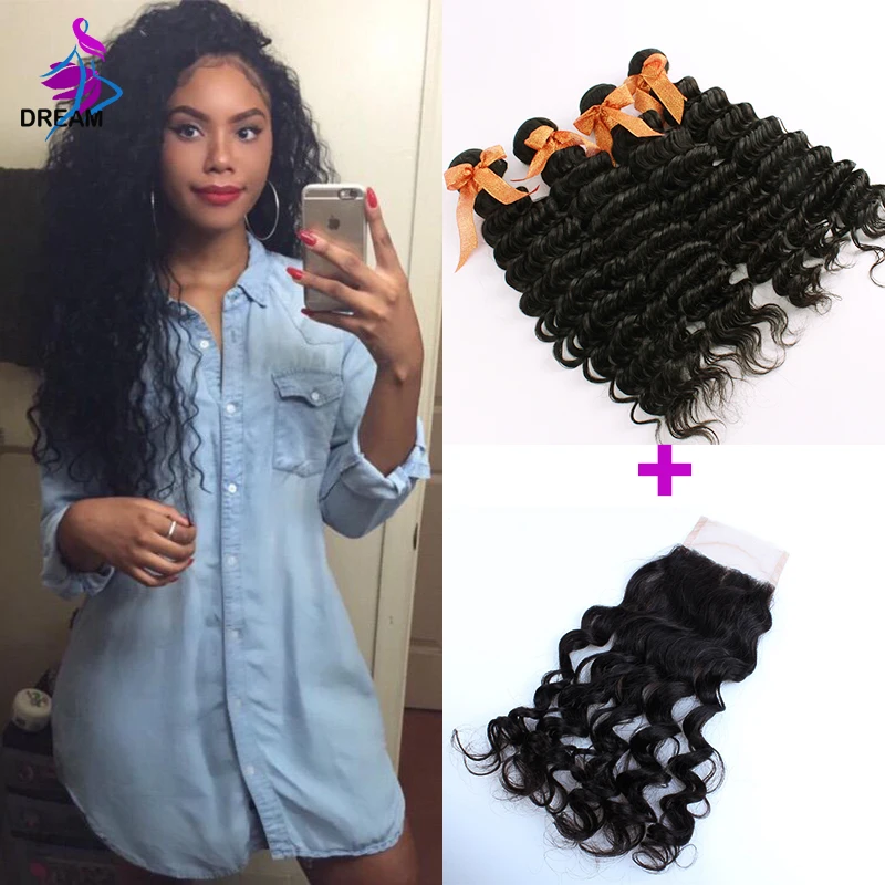4 Bundles Malaysian Hair Deep Curly With Closure 8A Cheap Virgin Hair With Lace Closure 4x4