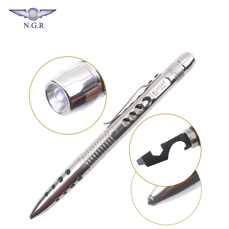 Factory top sell Stainless steel tactical pen with LED flashlight Tungsten attack head and Multi function tool for self defense