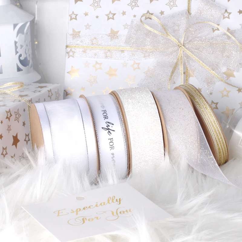 
High Grade Glitter Elegant White Gold Series Velvet Satin Organza Ribbon 