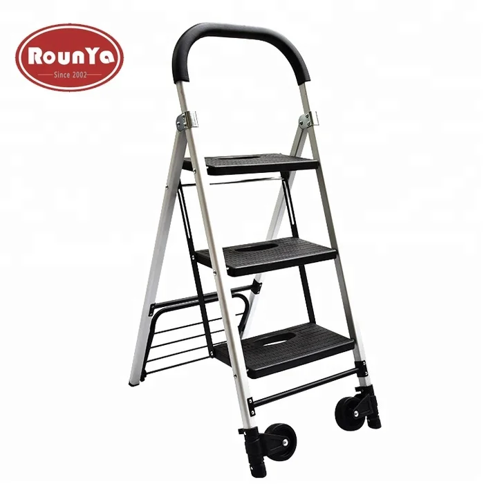 
3 step ladder aluminium folding heavy duty car 175 lbs hand truck dolly with 2 wheel 