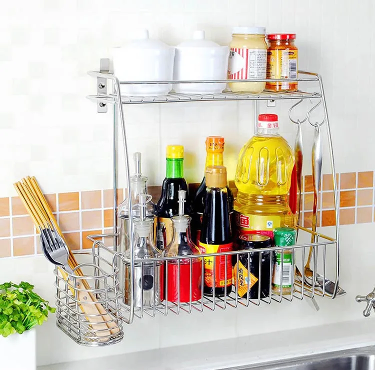 304 Stainless Steel Kitchen Spice Holder Glass Spice Jar Rack Kitchen Metal Wire Wall Mount Spice Shelf Rack
