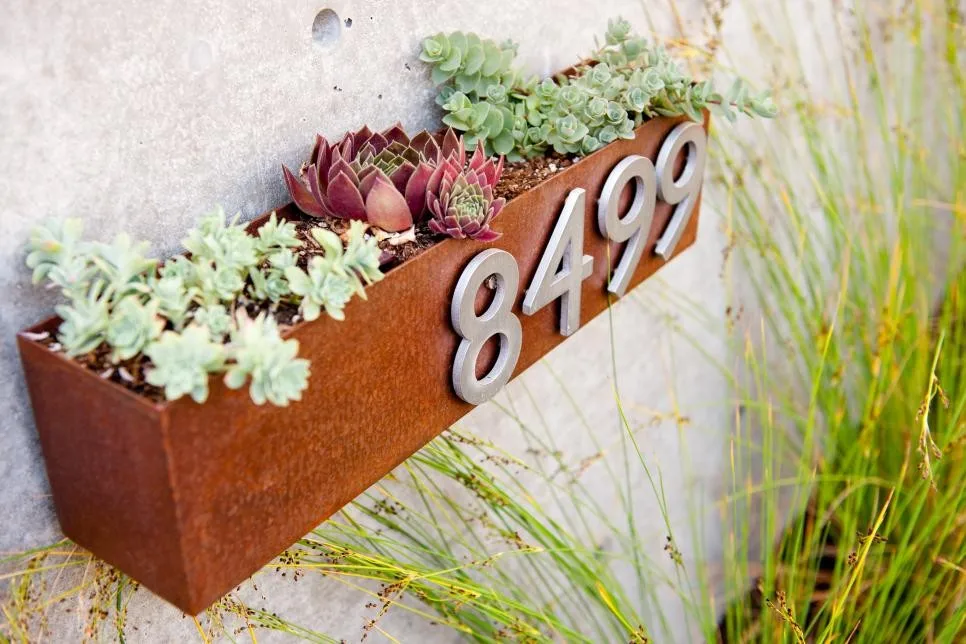Unique corten steel metal wall mounted flower pot with modern address number plaque