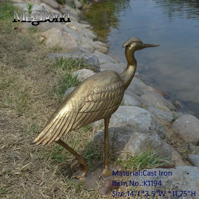3D Garden egret bird statues figurine in antique gold finish