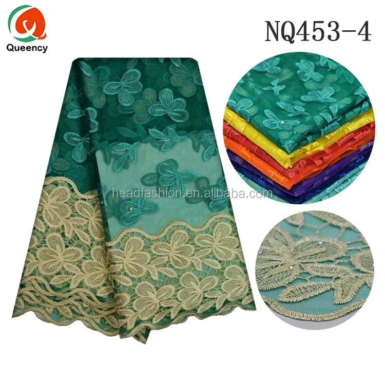 NQ453 Queency Custom African Bridal Embellished French Lace Fabric Tulle Wholesale with Pearls Beads and Stones