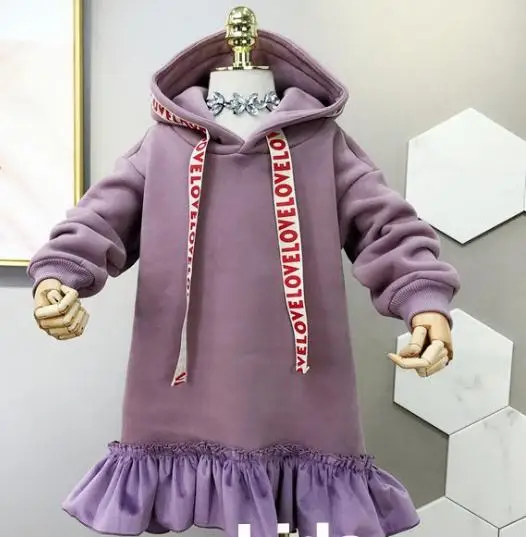 S11872B Детские платья с капюшоном для девочек зимнее платье с длинным рукавом 2020 модные детские толстовки Одежда для маленьких девочек утепленная одежда