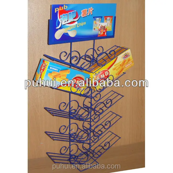 grocery store hot sales multi layer steel wire frame rack  floor snack food display stand with logo header