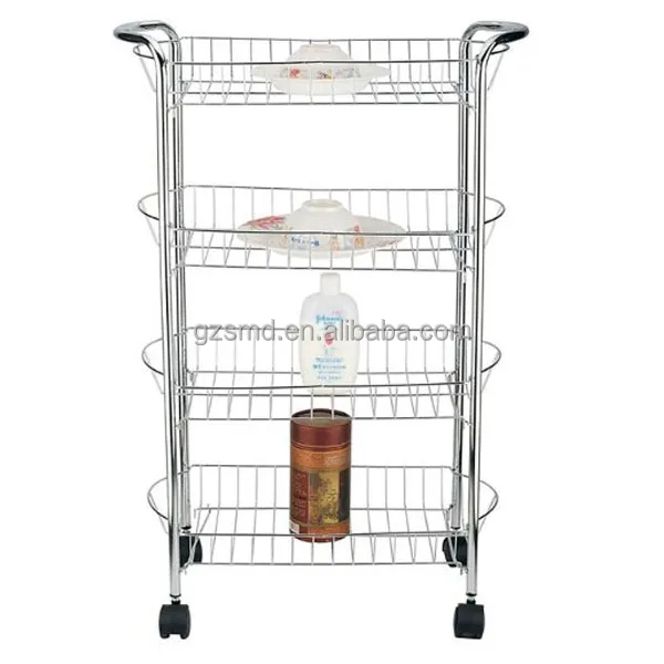 Wholesale Kitchen Metal Chrome Trolley 3 Tiers 4 Tiers Storage Racks with Wheels Sundries Spice Food Organizer