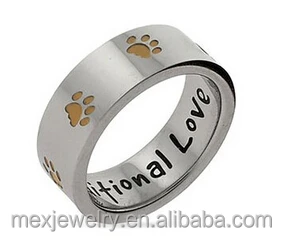 Stainless Steel Two Tone antiqued finish Dog Paw Print Ring with Inscription Unconditional Love