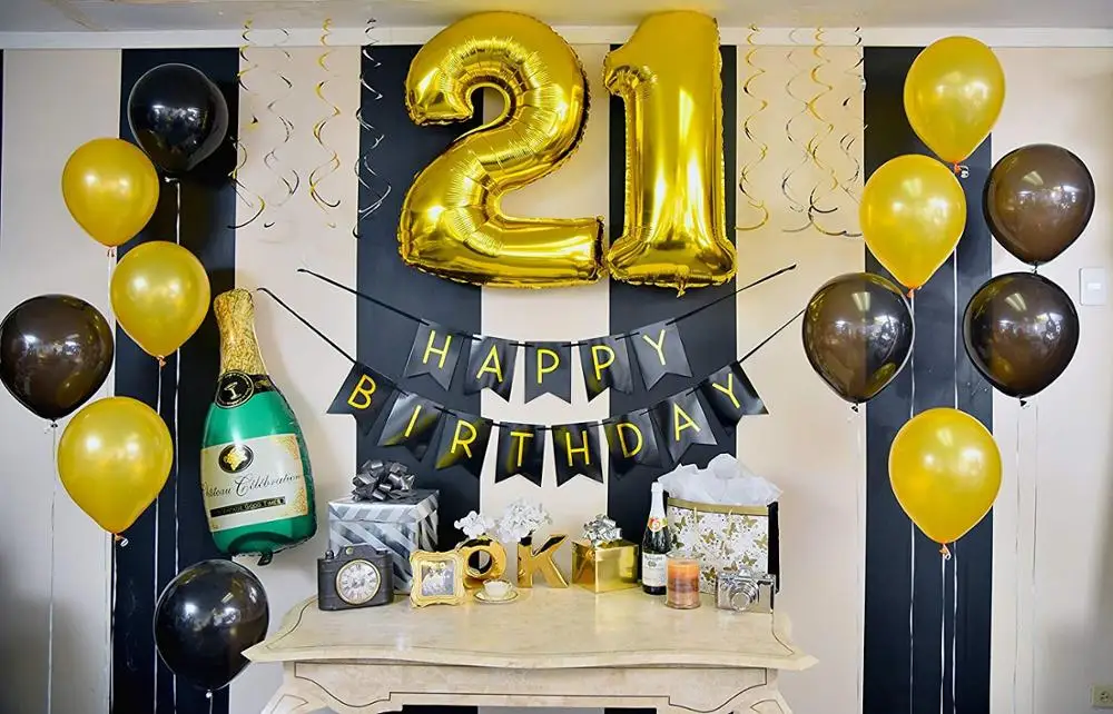 21st Birthday Party Pack Black  Gold Happy Birthday Bunting Poms  21st Birthday Party Supplies