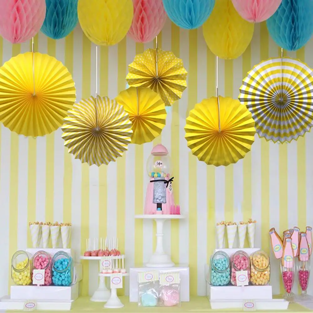 Party Hanging Paper Fans Set Yellow Round Pattern Paper Garlands Decoration for Birthday Wedding Graduation Events Accessories