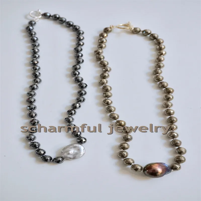 NS23427 Fashion Hematite Bead Stone Designer Natural Freshwater Baroque Pearl Knot Necklace