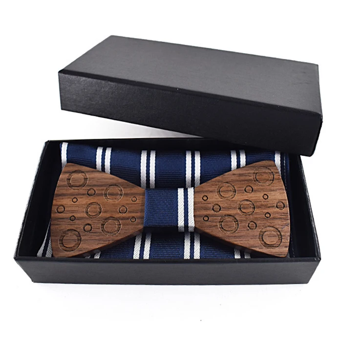 Cheap Brooch Pin Bow Tie Custom Collar Mens Boy Gift Box Wood Bowties and Hanky Sets One Wood Tie