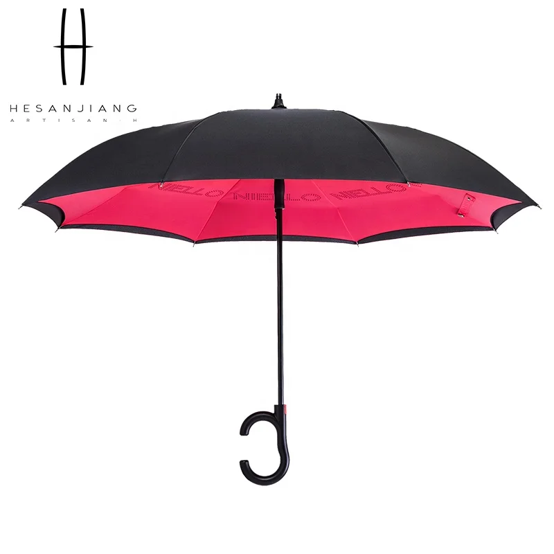 Basic type windproof automatic reverse umbrella for car with C handle double layer fabric