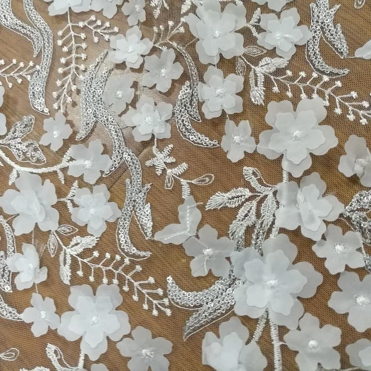 Wholesale White Double Layer 3D Flower Fancy Embroidery Lace Fabric Embroidery Textile For Wedding Dress