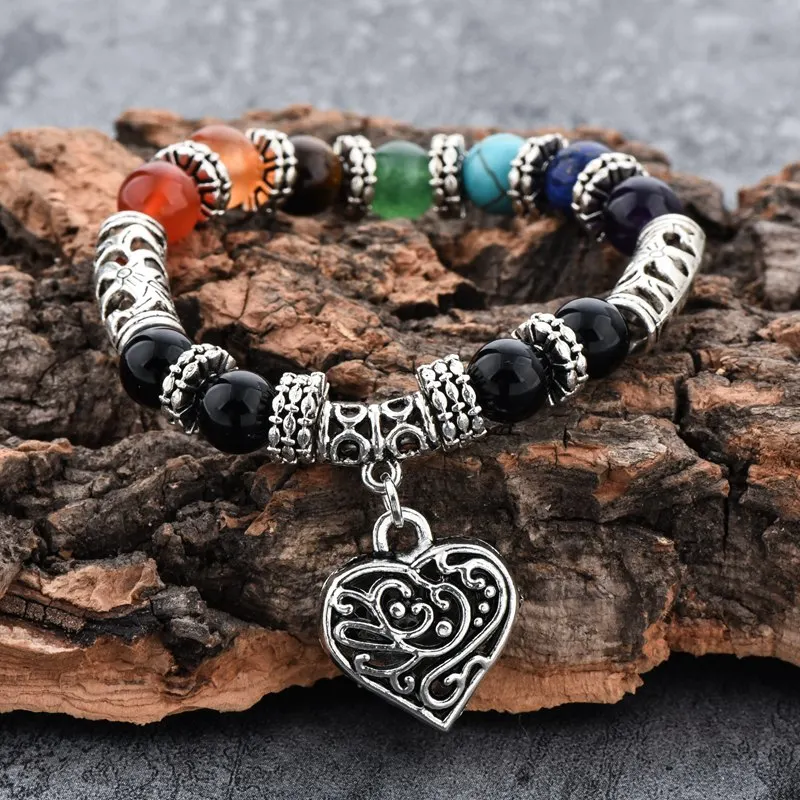 New products 2018 colorful natural stone lava bead 7 chakra bracelet heart pendant bracelet yoga nature bracelet