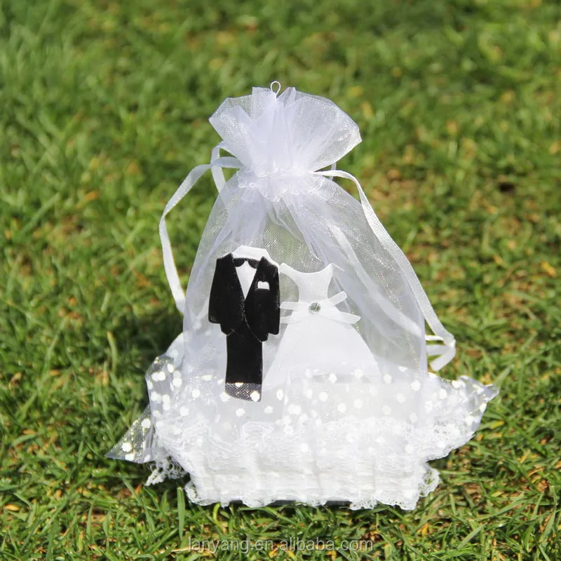 Bride and Groom Stick On Organza Basket Wedding Candy Favor Box Chocolate Bag