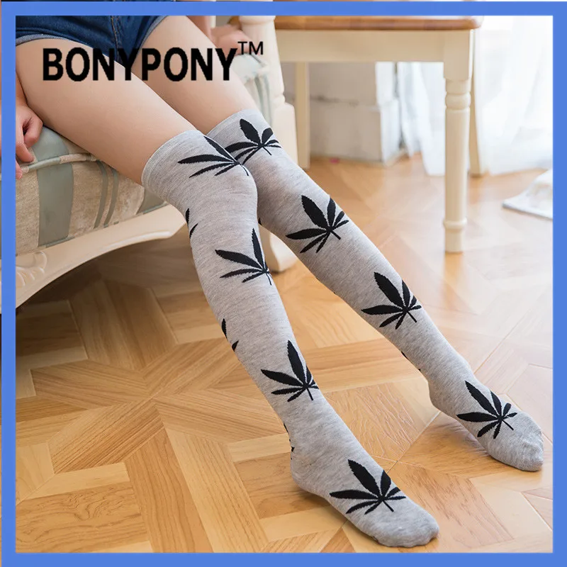 Bonypony wholesale Hot sexy fashion youth young women girls weed leaf slim legging stocking over knee high socks