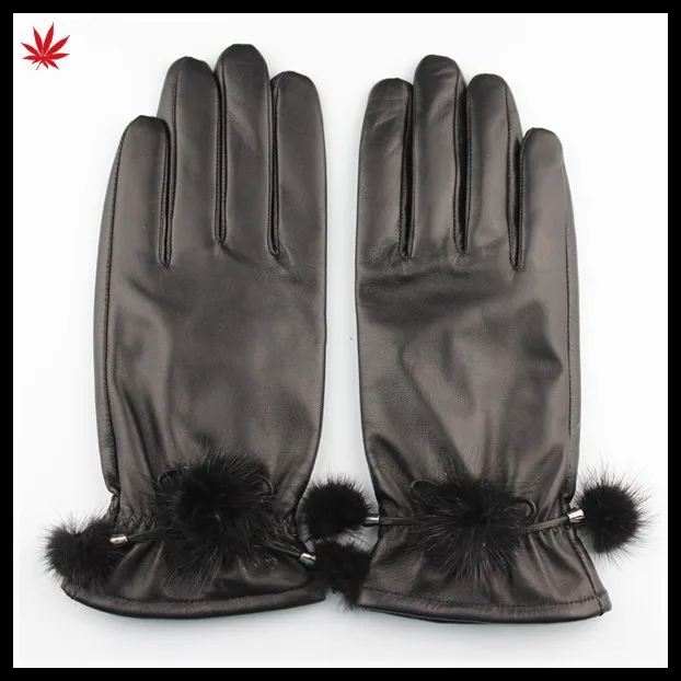 ladies fashion dress sexy leather glove with mink ball from factory