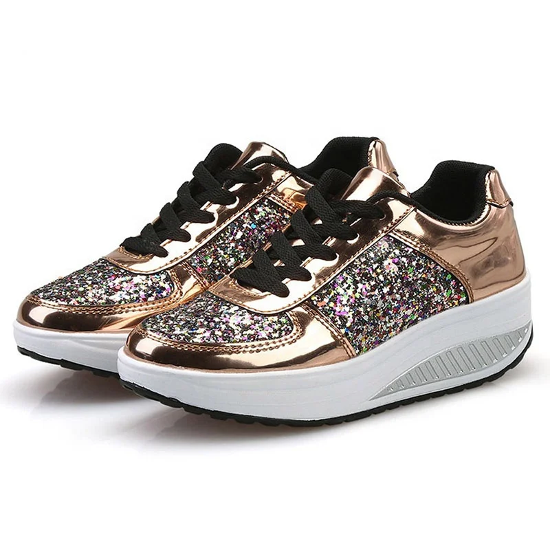
Ladies Color Mirror Thick Bottom Wedges Large Size Sequins Sports Shoes 