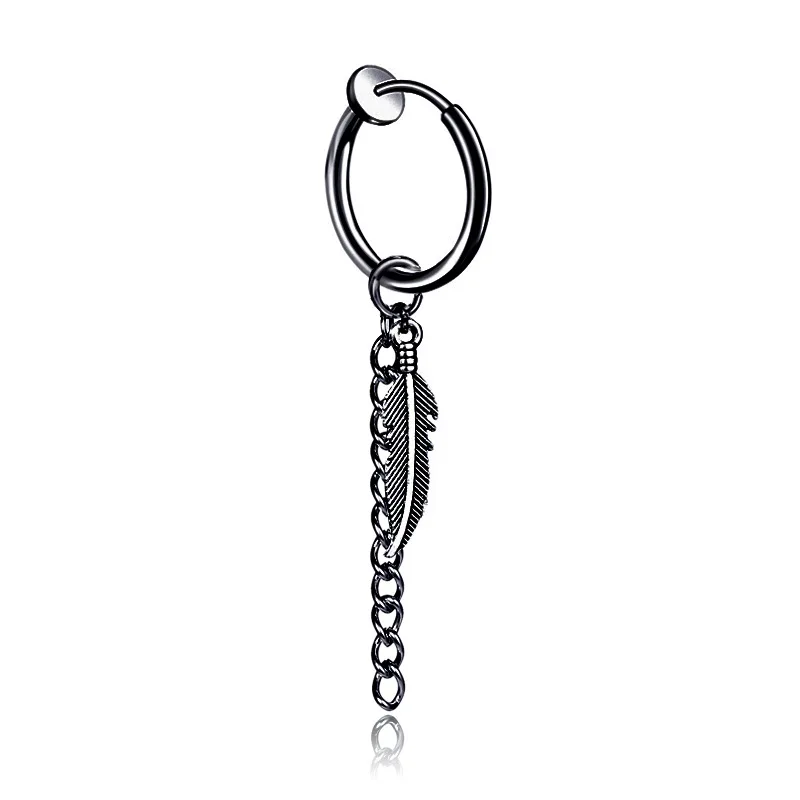 2019 Mens Tassel Chain Black White Plated Feather Stainless Steel Earring Guys Jewelry Hipster Grunge Style Punk Dagger Earrings