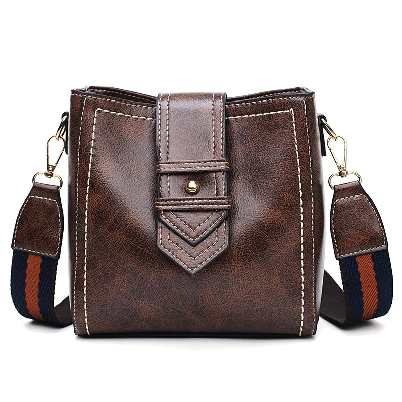 Ladies Vintage Retro PU Leather Wide Striped Strap Arrow Shape Belt Decor Messenger Crossbody Shoulder Bags for Women