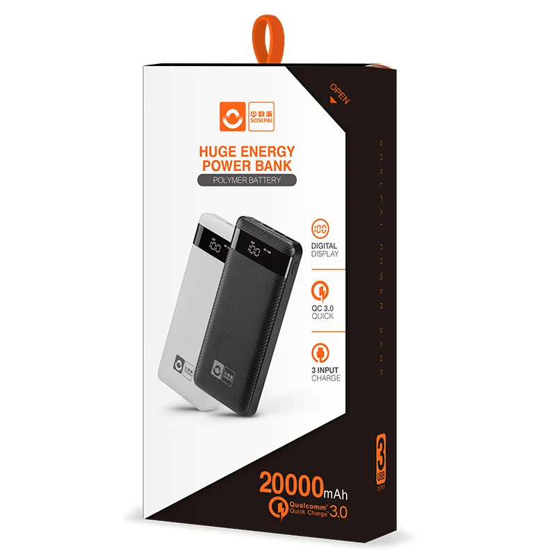 SOSLPAI large capacity li-polymer battery mobile charger power bank 20000 mah 3 usb ports phone custom logo qc3.0 power bank
