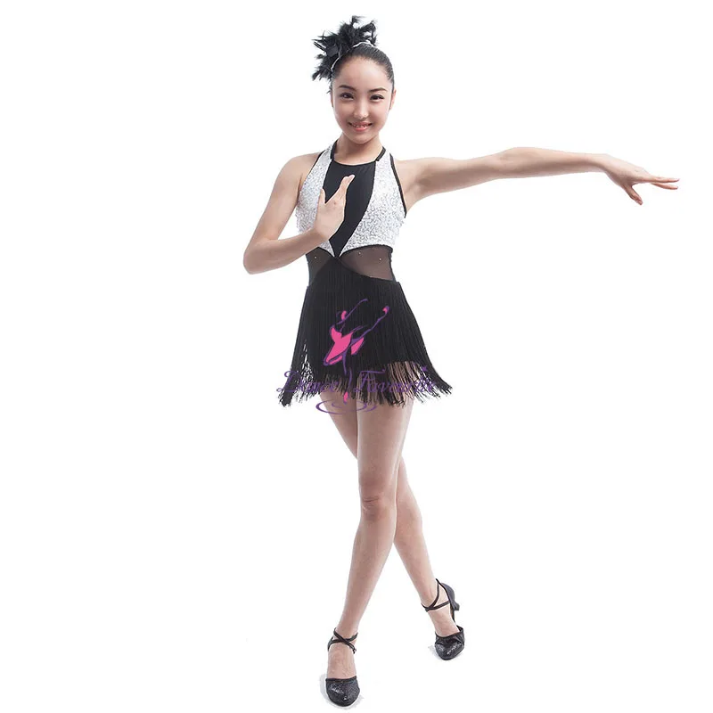 New Arrival of Girls Black/White Sequin and Mesh Dance Bodice with Black Tassel Skirt Jazz & Tap Dance Costume 16042