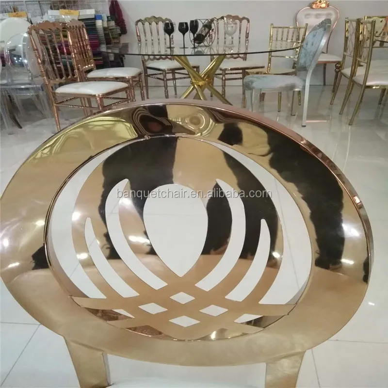 
new style luxury event stainless steel wedding gold banquet chair round back 