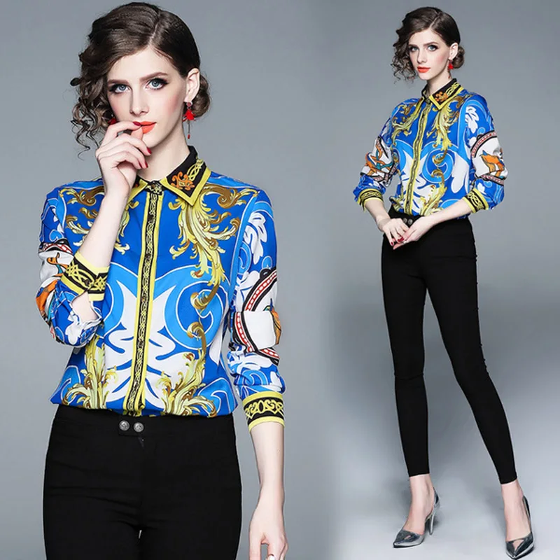 spot QP3617045#2019 spring and autumn loaded European goods positioning printing shirt female long-sleeved shirt Slim shirt
