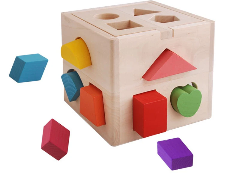 Educational wooden box toy with 13 different shape holes for kids match game