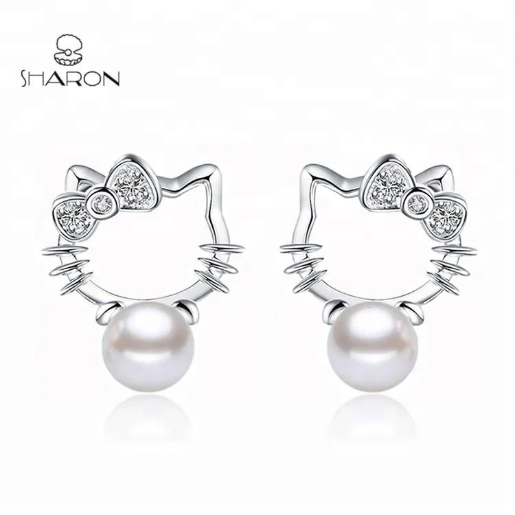 Hot Sale Women Jewelry Hello Kitty 925 Sterling Silver New Design of Pearl Earrings Stud