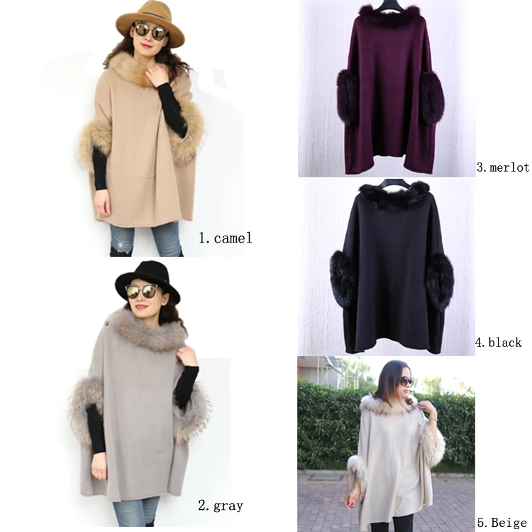 Wholesale Winter Casual Style Plain Raccoon Fur Trim Acrylic Knit Pattern Long Poncho For Women
