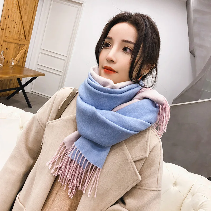 
New arrival Solid colors cashmere long scarf warm warp shawl with fur pompom fringe 