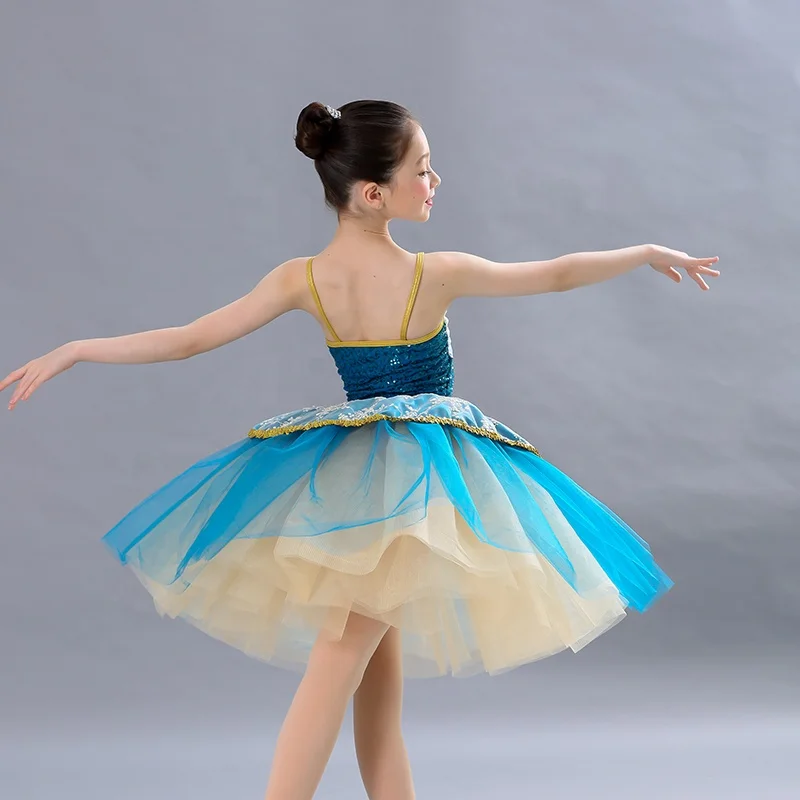 embroidery flower dance wear court style blue tutu skirt gold sequin performance dance costume