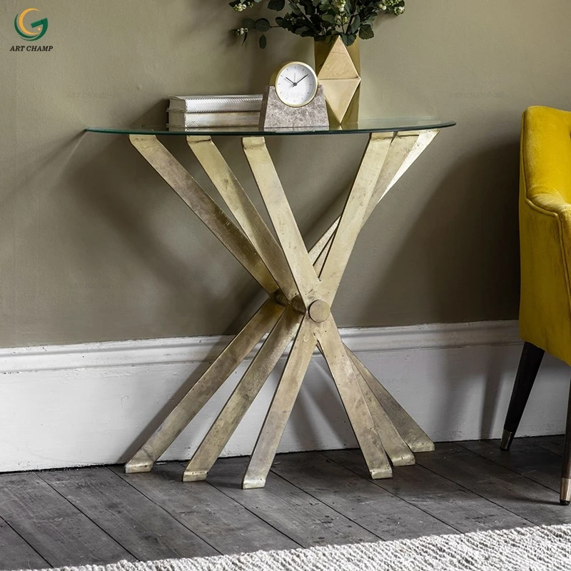 Современный стол-консоль с цементным выдвижным ящиком, под античное дерево, с латунными ножками