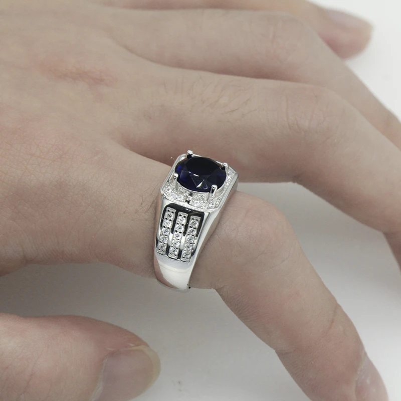 Malaysia 925 Sterling Silver Big Blue Stone with Cubic Zircon Men Ring Wedding Engagement Ring for Man Women Jewelry