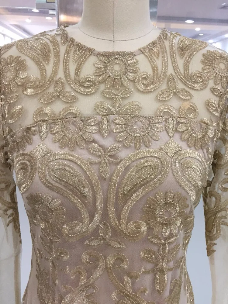 Customize Ladies Elegant Aline Long Sleeve Gold Lace Evening Dresses