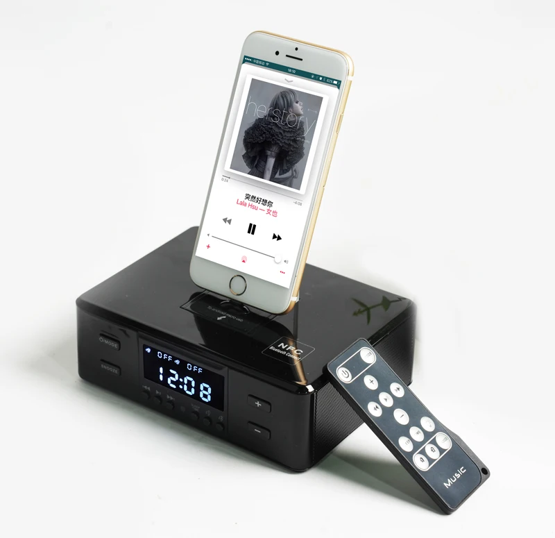 Premium Compact 8-pin/30-Pin/Micro Charging Speaker Dock with FM Radio, Alarm Clock, NFC Blue-tooth speaker