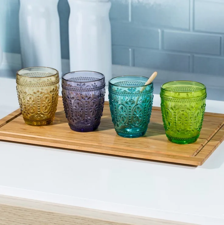 Home decor machine-pressed Green Color embossed Water Glass/Color glass tumbler
