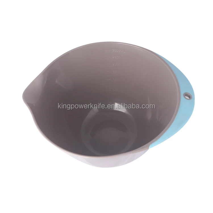 3 Piece Plastic Mixing Bowl Set - Nesting Mixing Bowls with Rubber Grip Handles Easy Pour Spout and Non Slip Bottom - Three Size